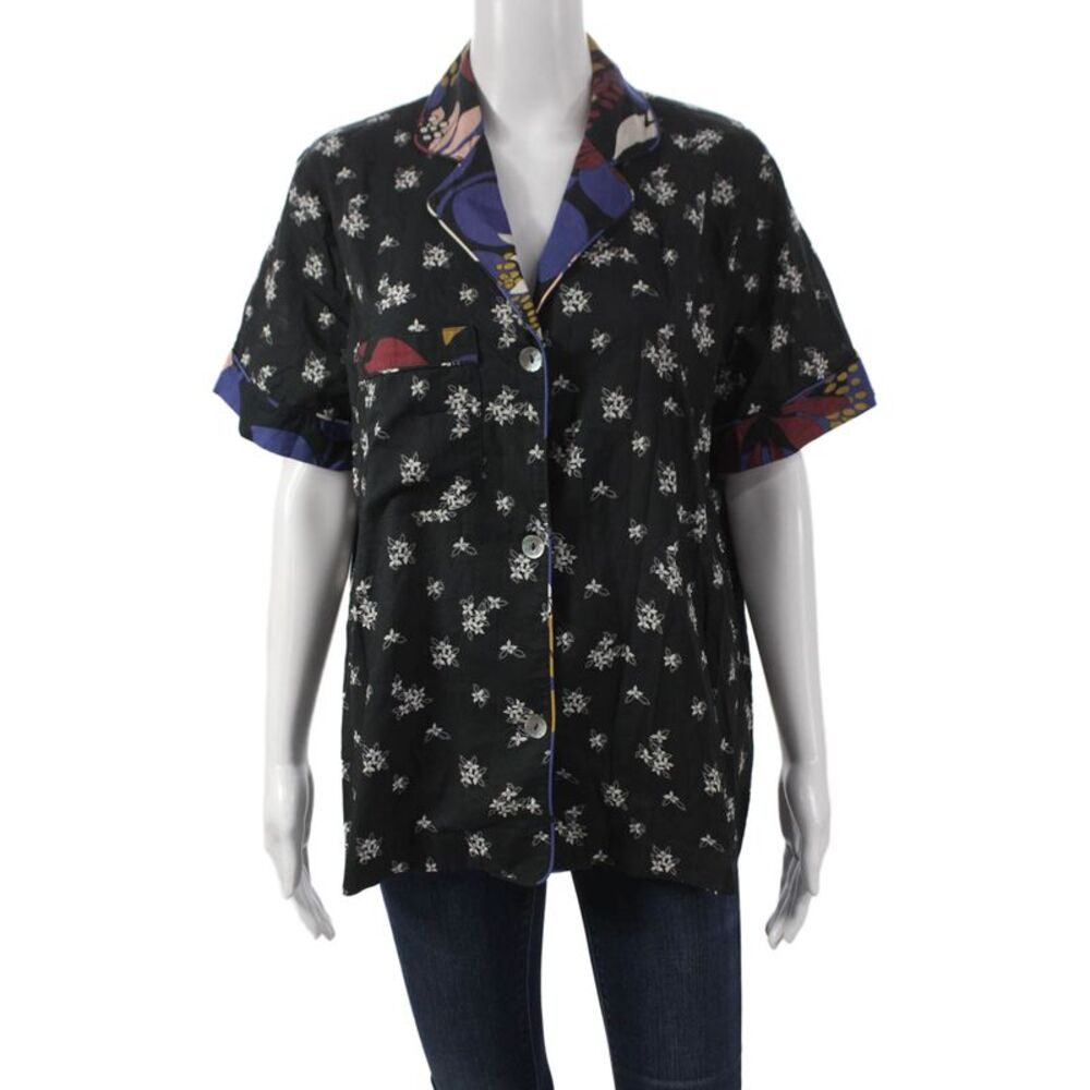 Warm Womens Black Floral Cotton Collared Short Sleeve Button-Up Top Size 3